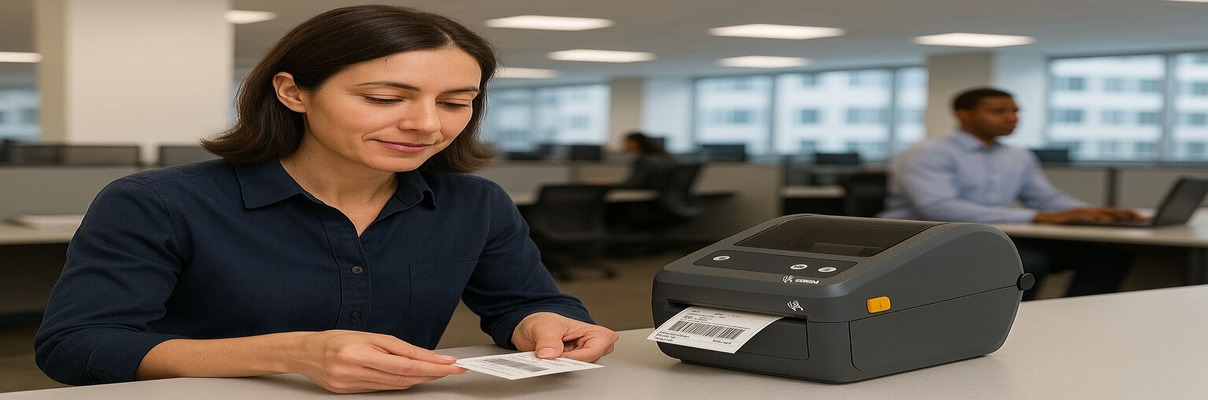 Mulher usando impressora de etiquetas no escritório