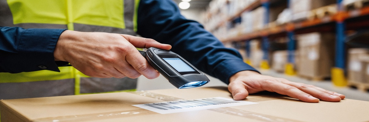 Funcionário escaneando código de barras em caixa