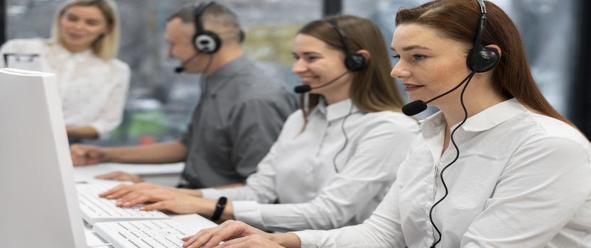 Equipe em call center atendendo clientes com fones de ouvido