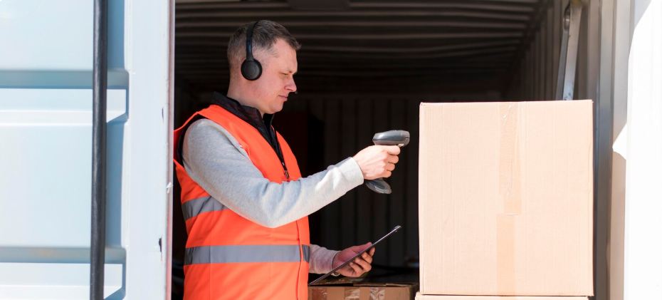 Homem utilizando leitor de código de barras em uma caixa