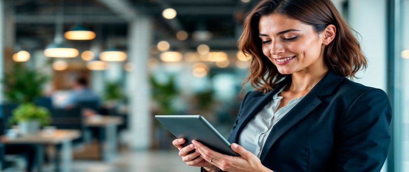 Mulher usando tablet em ambiente de escritório moderno