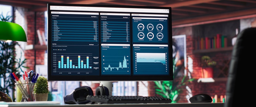 Tela de monitor exibindo gráficos e dados financeiros.