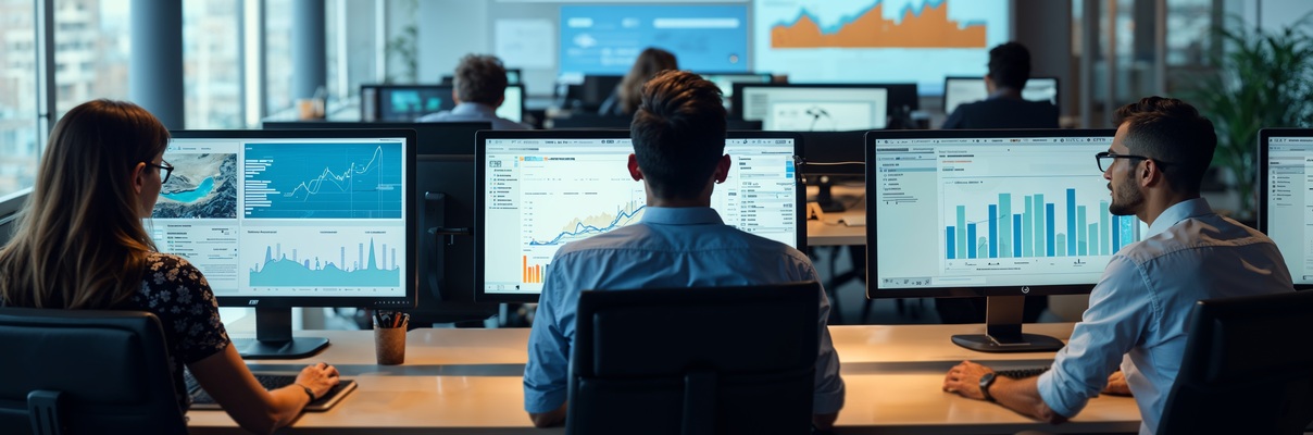 Profissionais analisando dados em monitores modernos