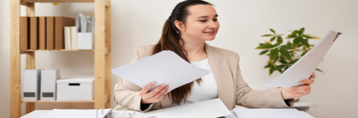 Mulher analisando documentos em ambiente de escritório