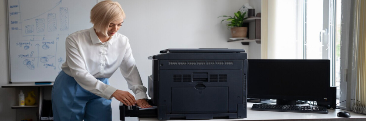 Mulher operando impressora em escritório moderno